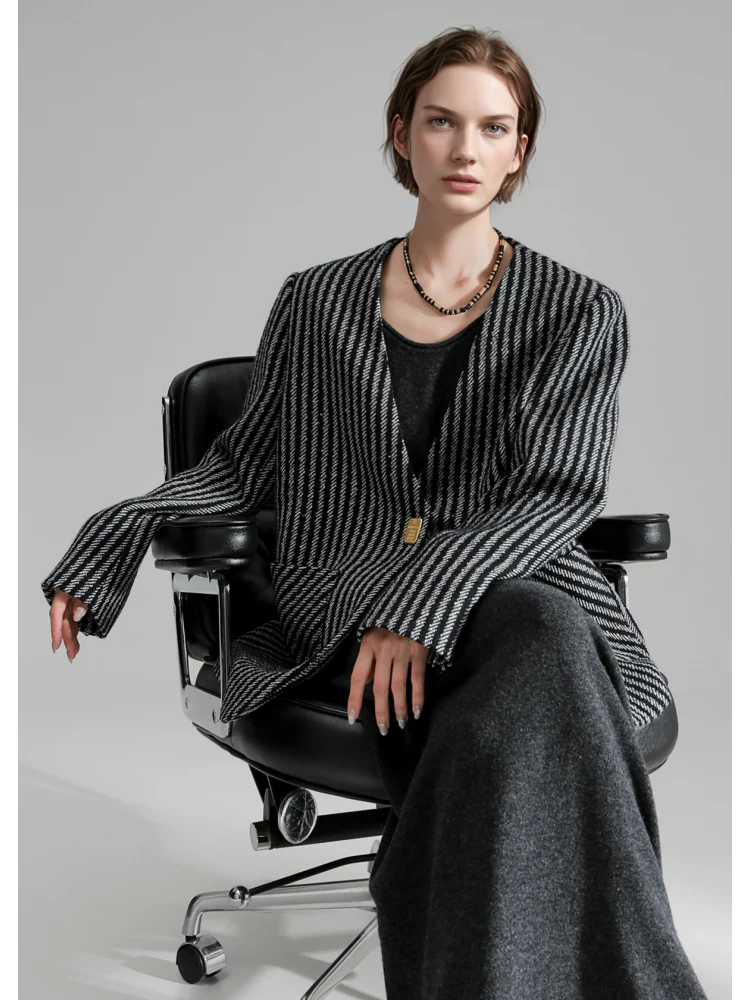 Nordic Striped Wool Blazer for Women – Elegant V-Neck Suit Jacket with Metal Buckle and Structured Shoulders, Fall Office Wear - Image 2