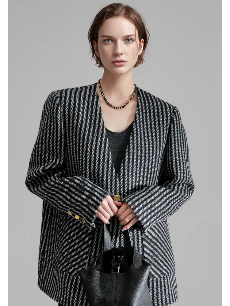 Nordic Striped Wool Blazer for Women – Elegant V-Neck Suit Jacket with Metal Buckle and Structured Shoulders, Fall Office Wear - Image 3