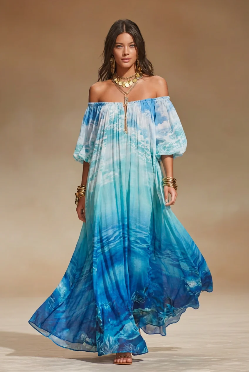 Off-Shoulder Ocean Print Maxi Dress