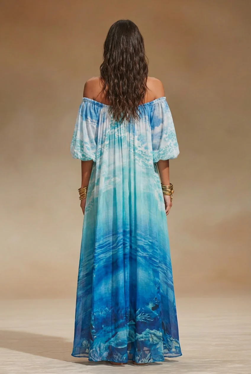 Off-Shoulder Ocean Print Maxi Dress - Image 2