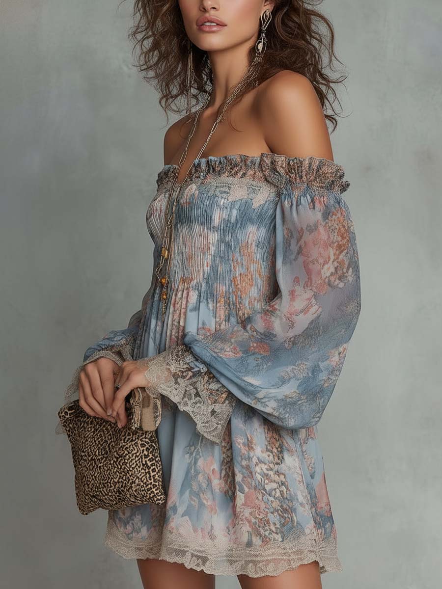 Off-Shoulder Smocked Chiffon Mini Dress - Image 3