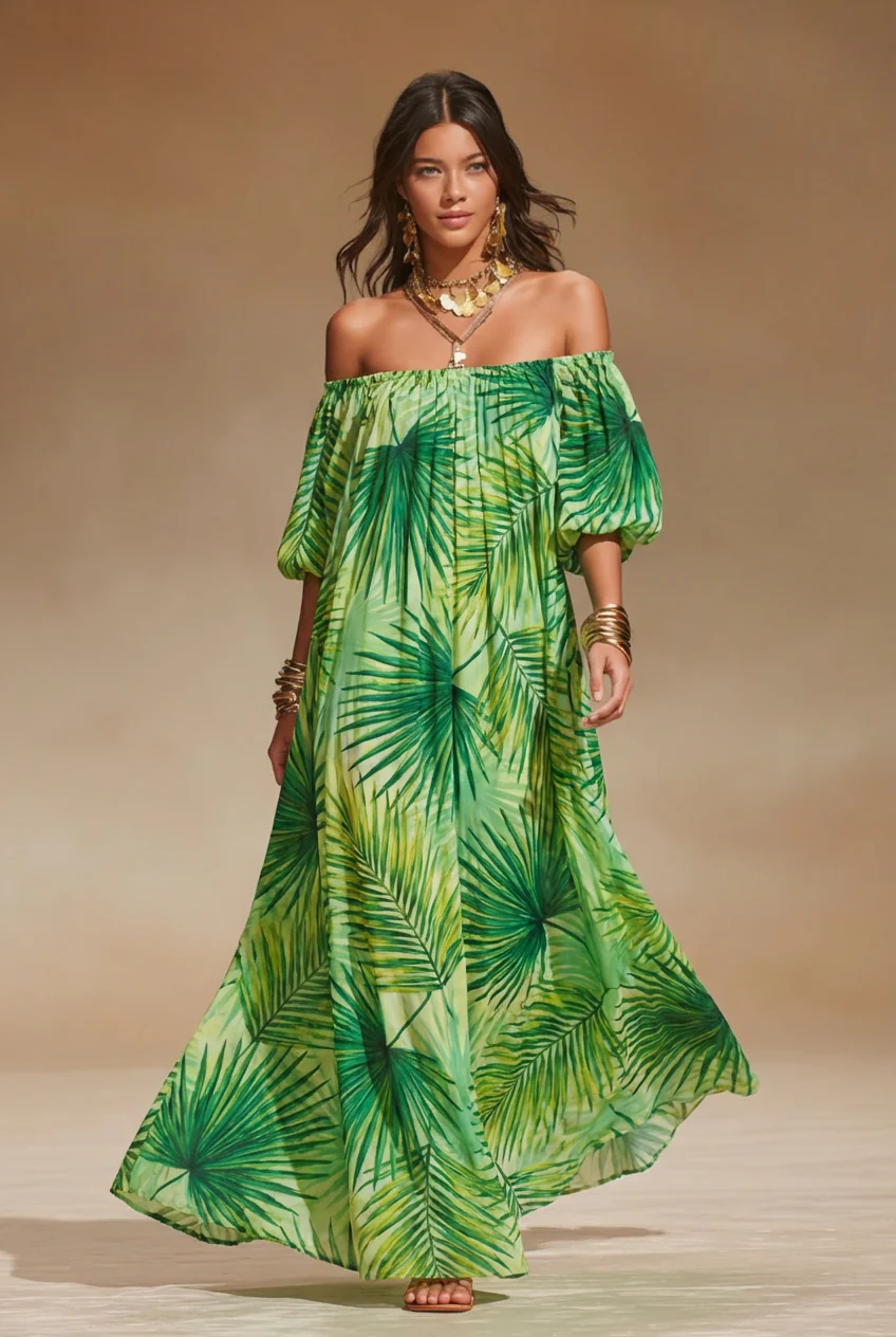 Off-Shoulder Tropical Leaf Print Maxi Dress