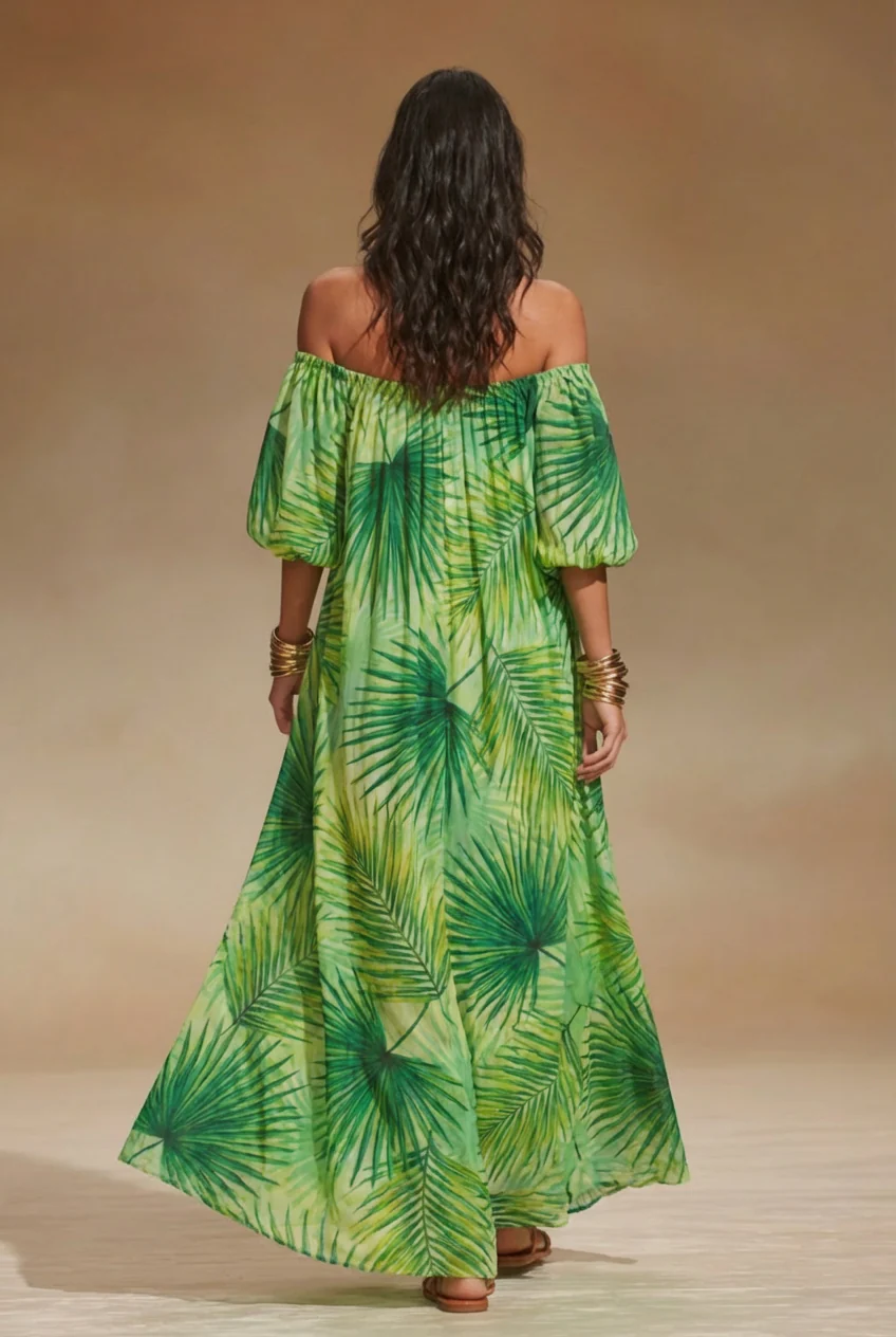 Off-Shoulder Tropical Leaf Print Maxi Dress - Image 2