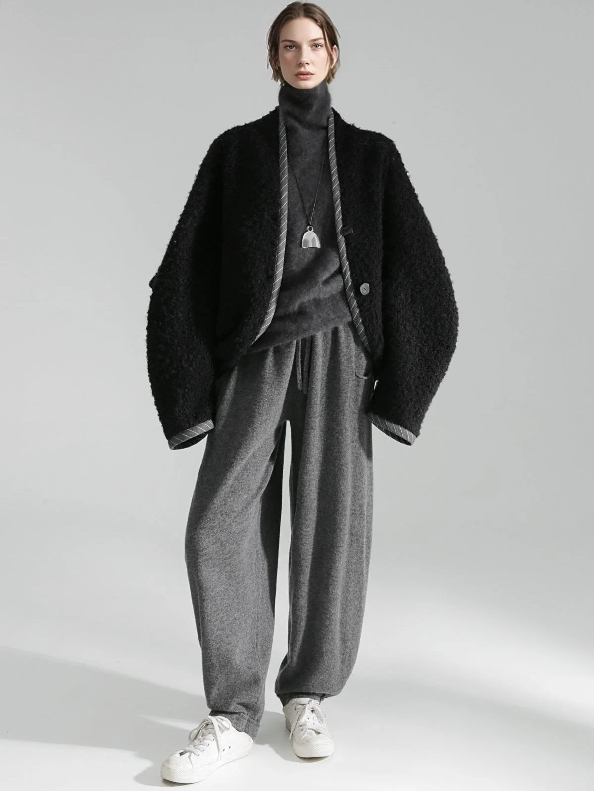 Old Money Style Batwing Sleeve Cardigan Coat for Women – Double-Faced Alpaca Wool Cape with Leather Trim and Speckled Dot Detail - Image 4