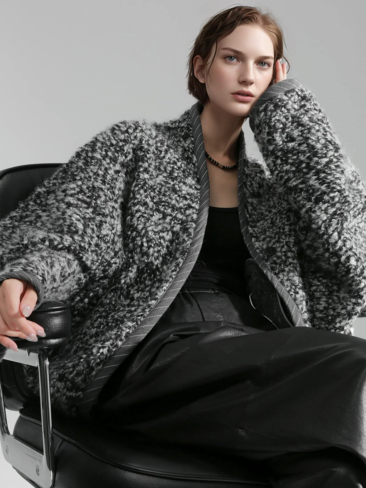 Old Money Style Batwing Sleeve Cardigan Coat for Women – Double-Faced Alpaca Wool Cape with Leather Trim and Speckled Dot Detail - Image 7