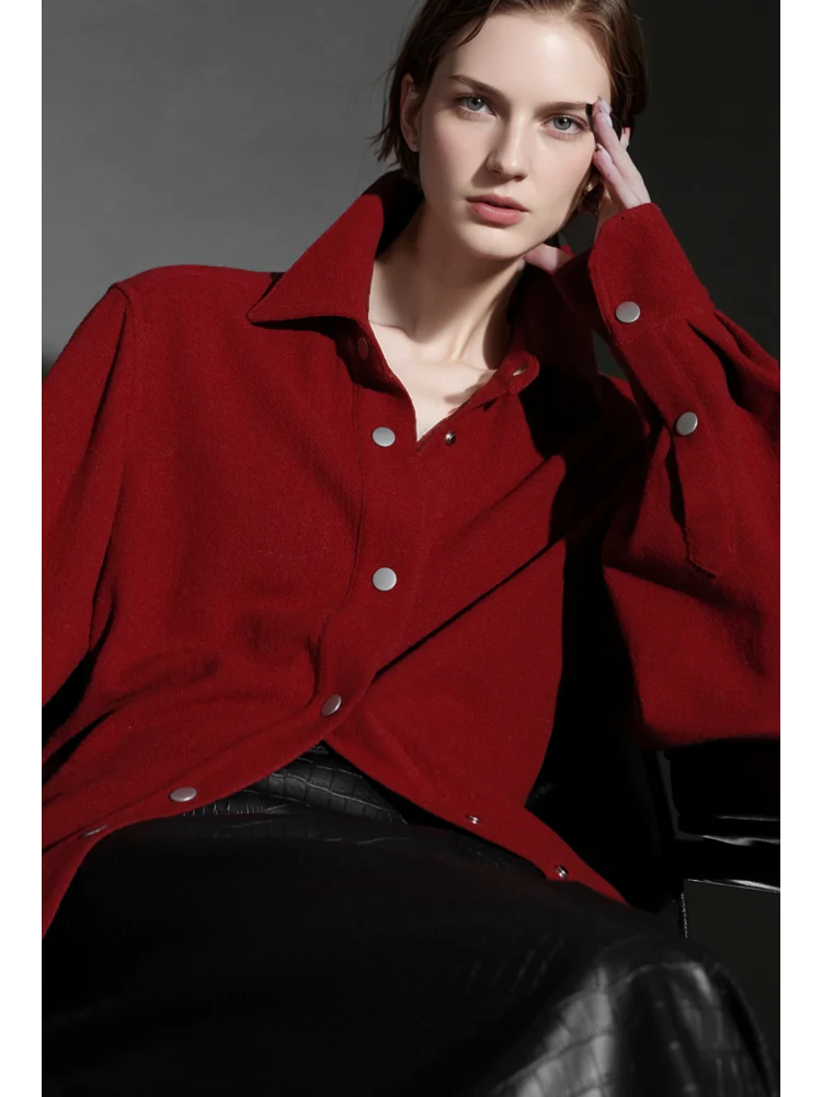Old Money Style Wool Textured Shirt for Women – Luxury Fitted Button-Up Blouse with Metal Details, Fall Winter Collection - Image 3