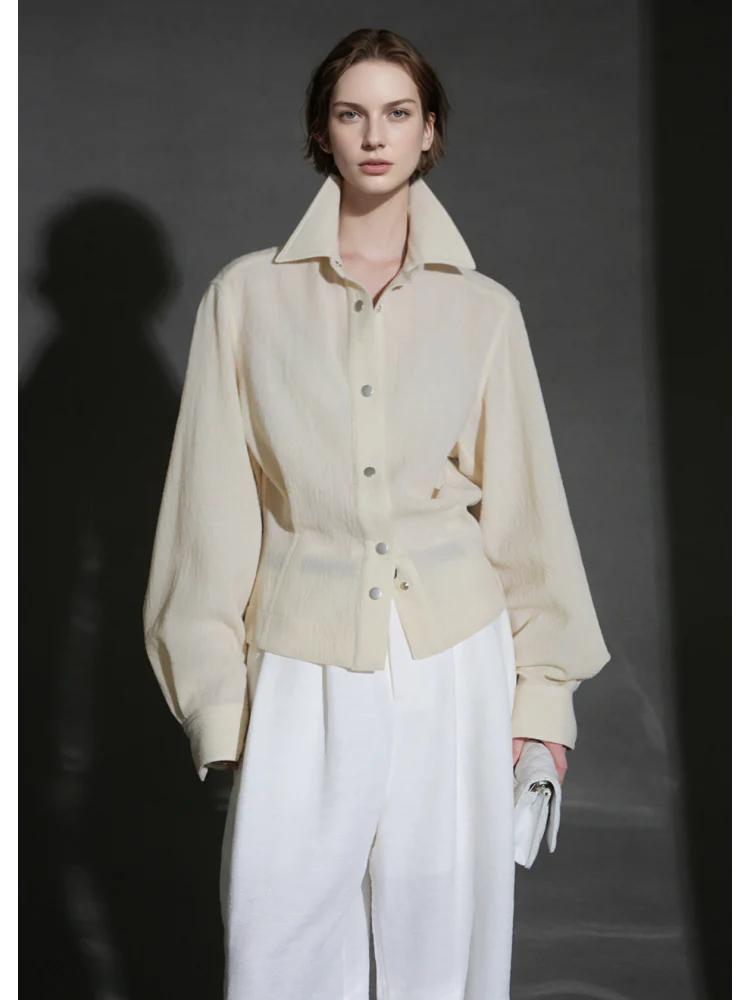 Old Money Style Wool Textured Shirt for Women – Luxury Fitted Button-Up Blouse with Metal Details, Fall Winter Collection - Image 4