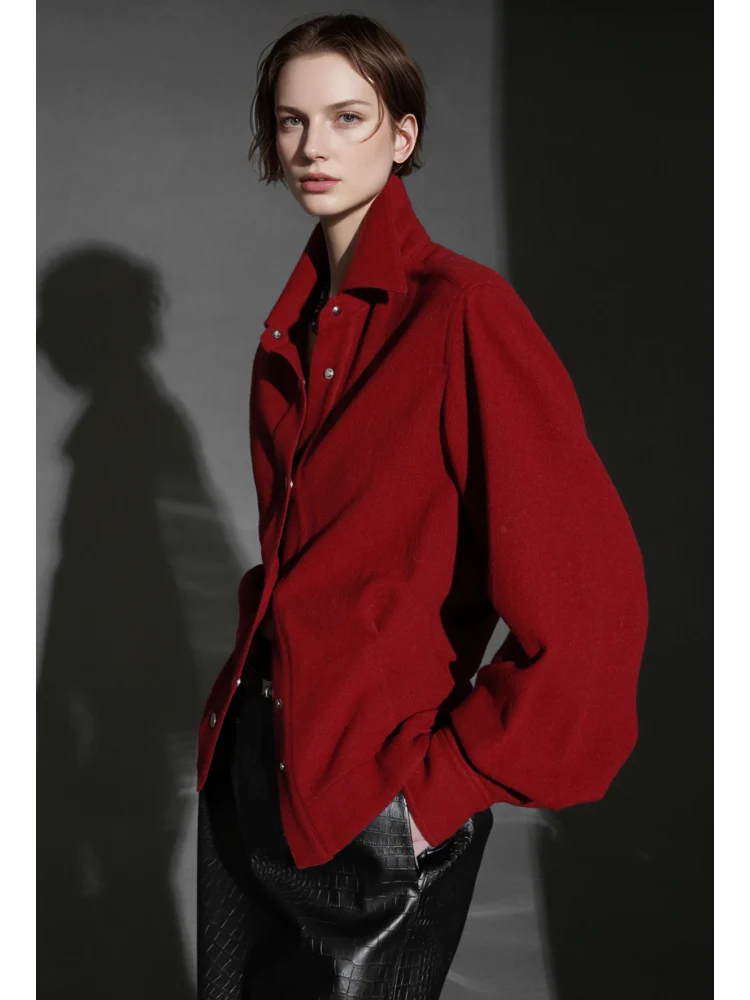 Old Money Style Wool Textured Shirt for Women – Luxury Fitted Button-Up Blouse with Metal Details, Fall Winter Collection - Image 5