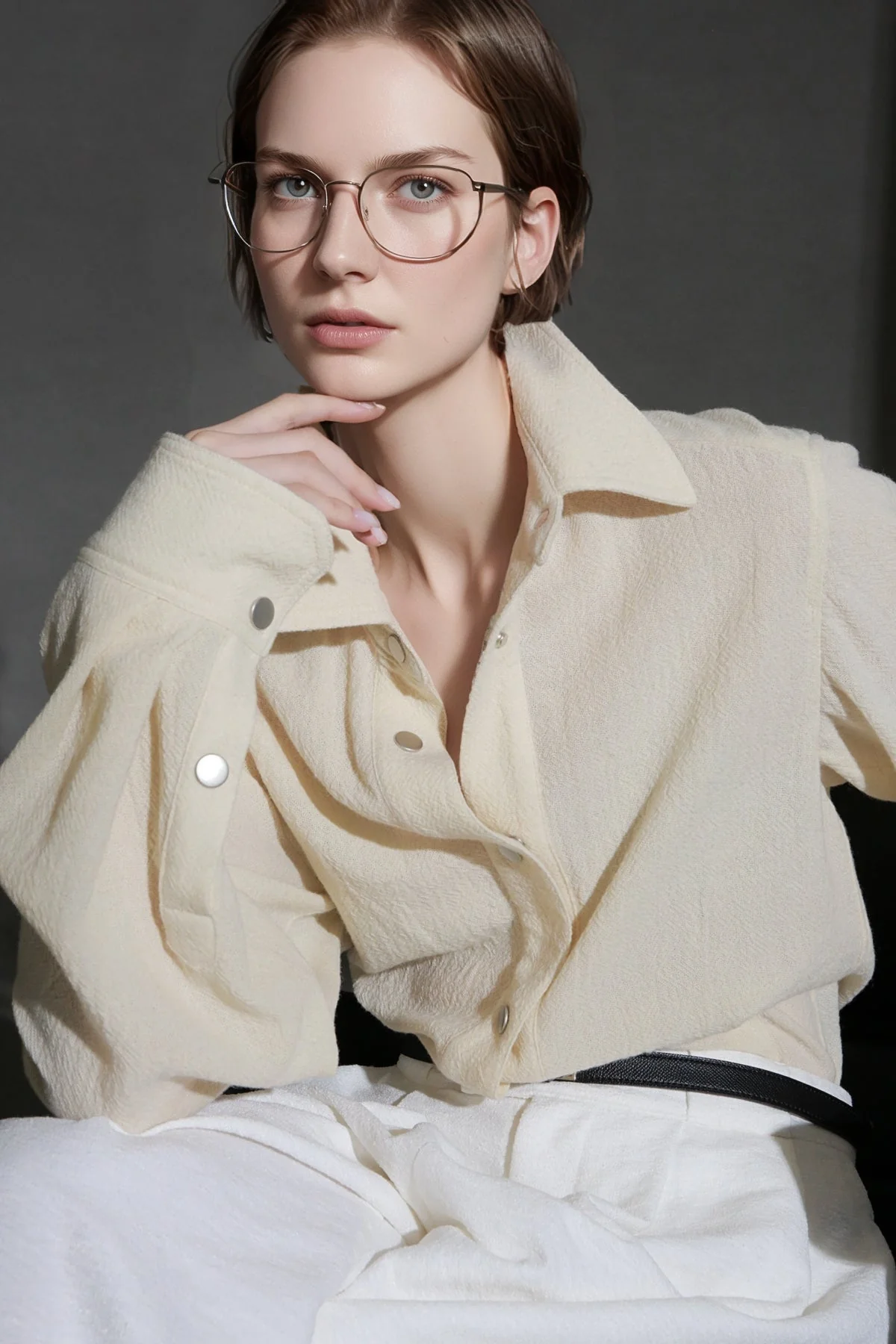 Old Money Style Wool Textured Shirt for Women – Luxury Fitted Button-Up Blouse with Metal Details, Fall Winter Collection - Image 6
