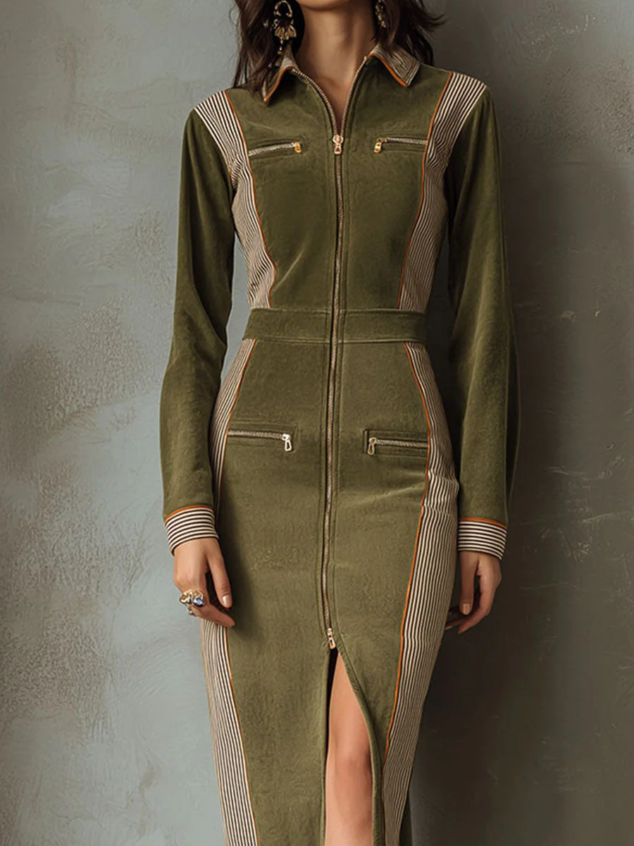 Olive Green Zip-Up Midi Dress With Contrast Stripe Panels - Image 2