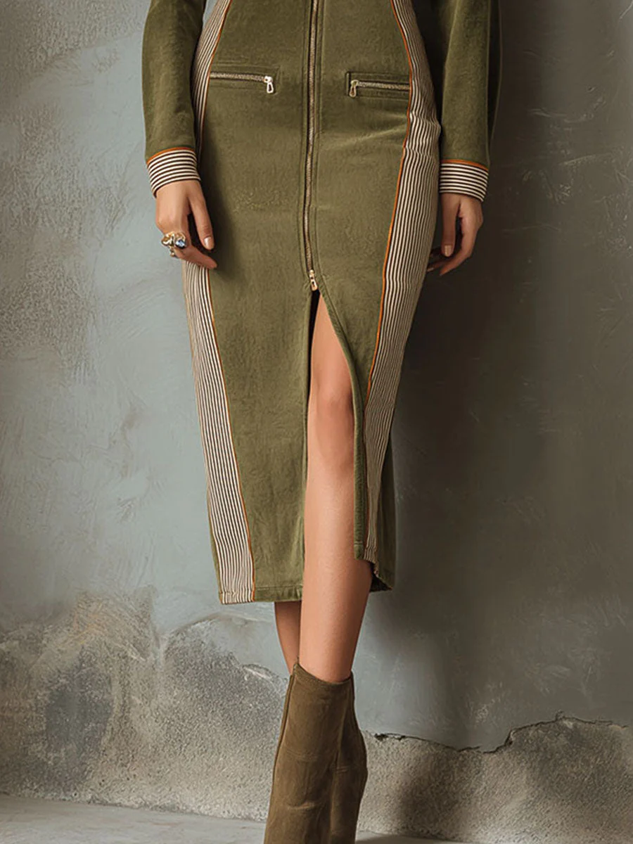 Olive Green Zip-Up Midi Dress With Contrast Stripe Panels - Image 3
