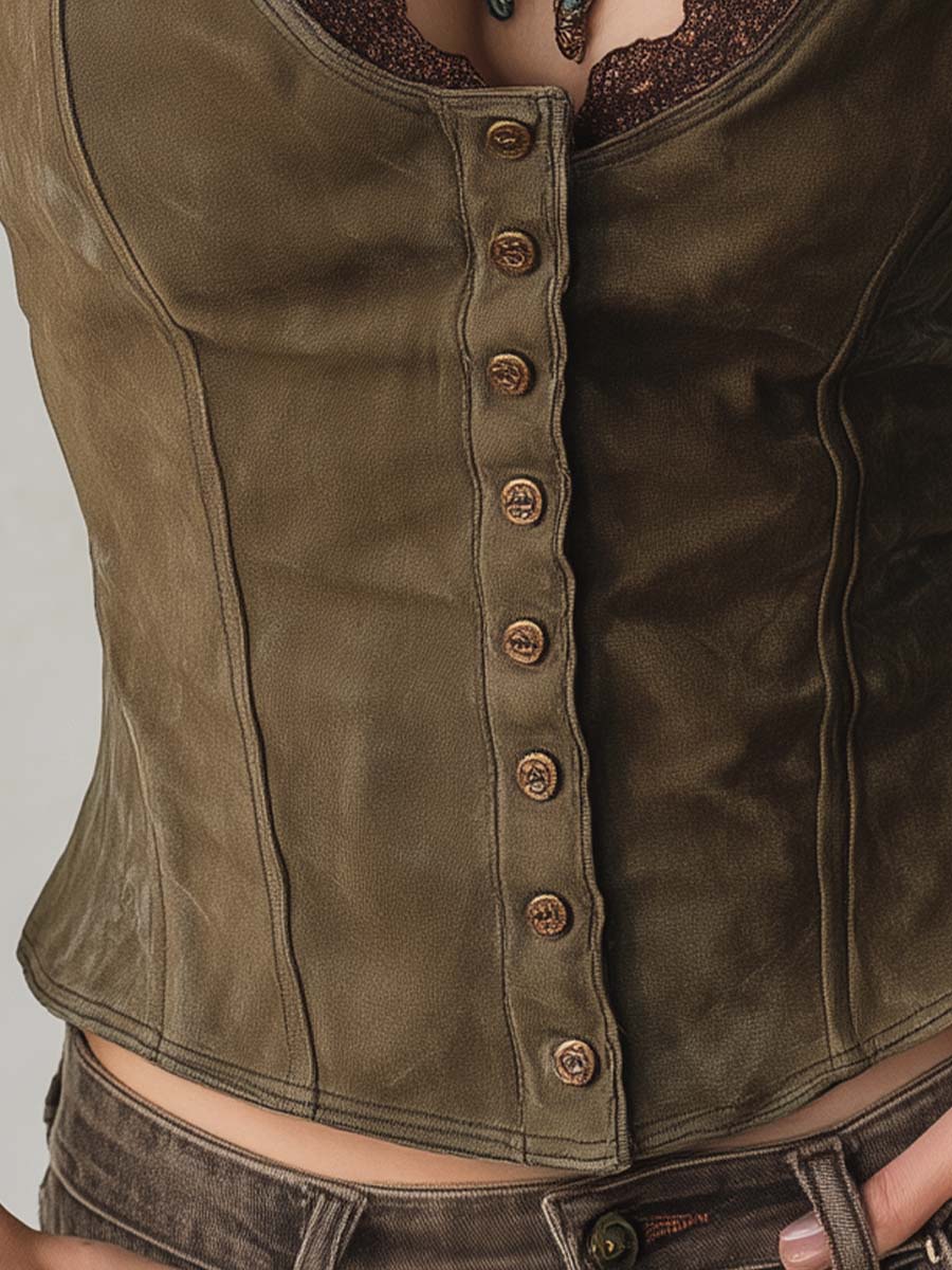 Olive Microsuede Lace Trim Button Bustier Top - Image 5