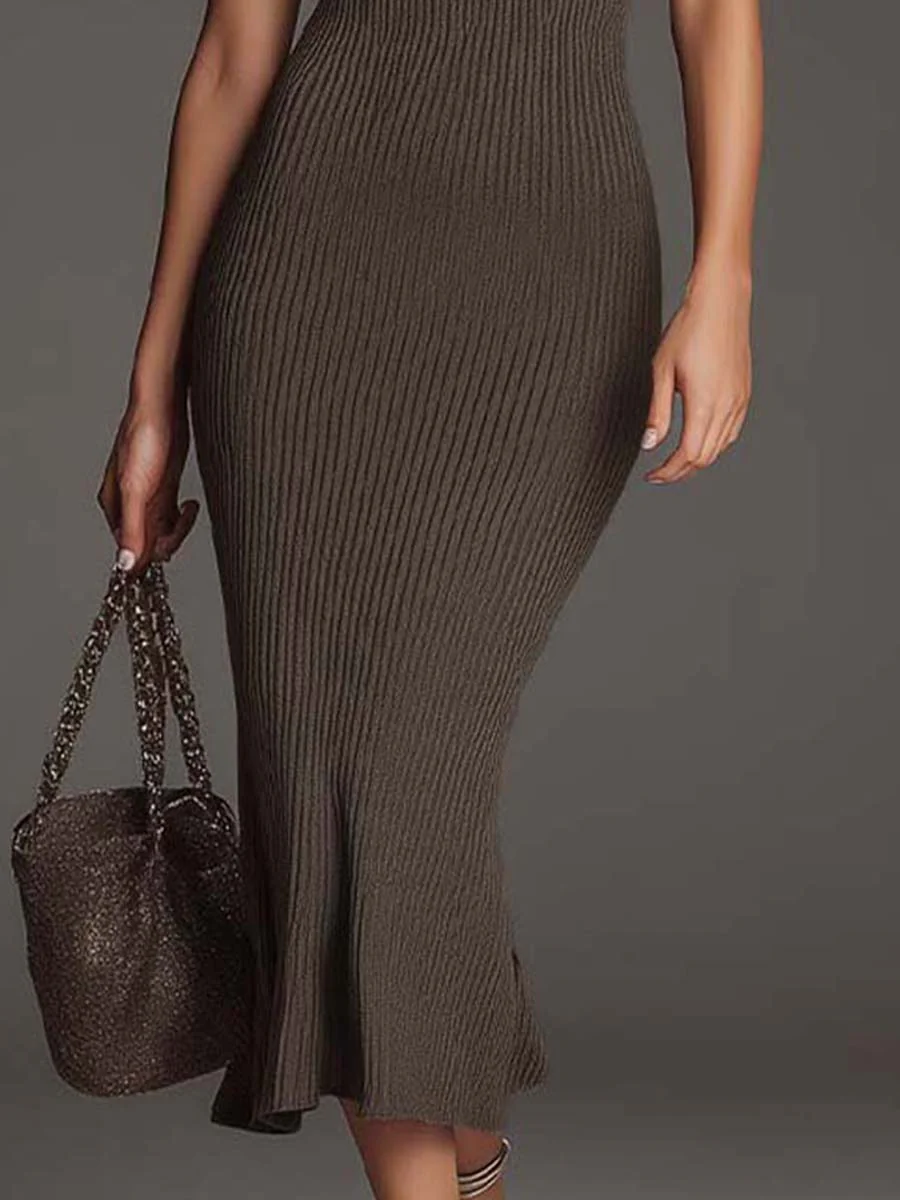 Olive Mocha Ribbed Halter Midi Dress - Image 4