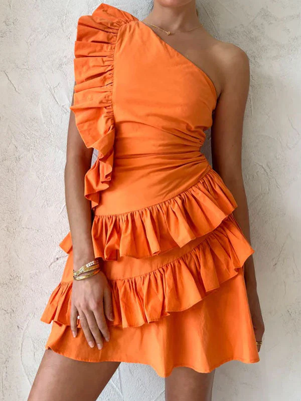 One shoulder ruffle mini dress in orange
