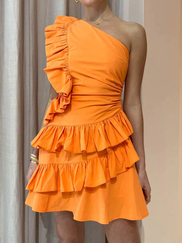 One shoulder ruffle mini dress in orange - Image 3