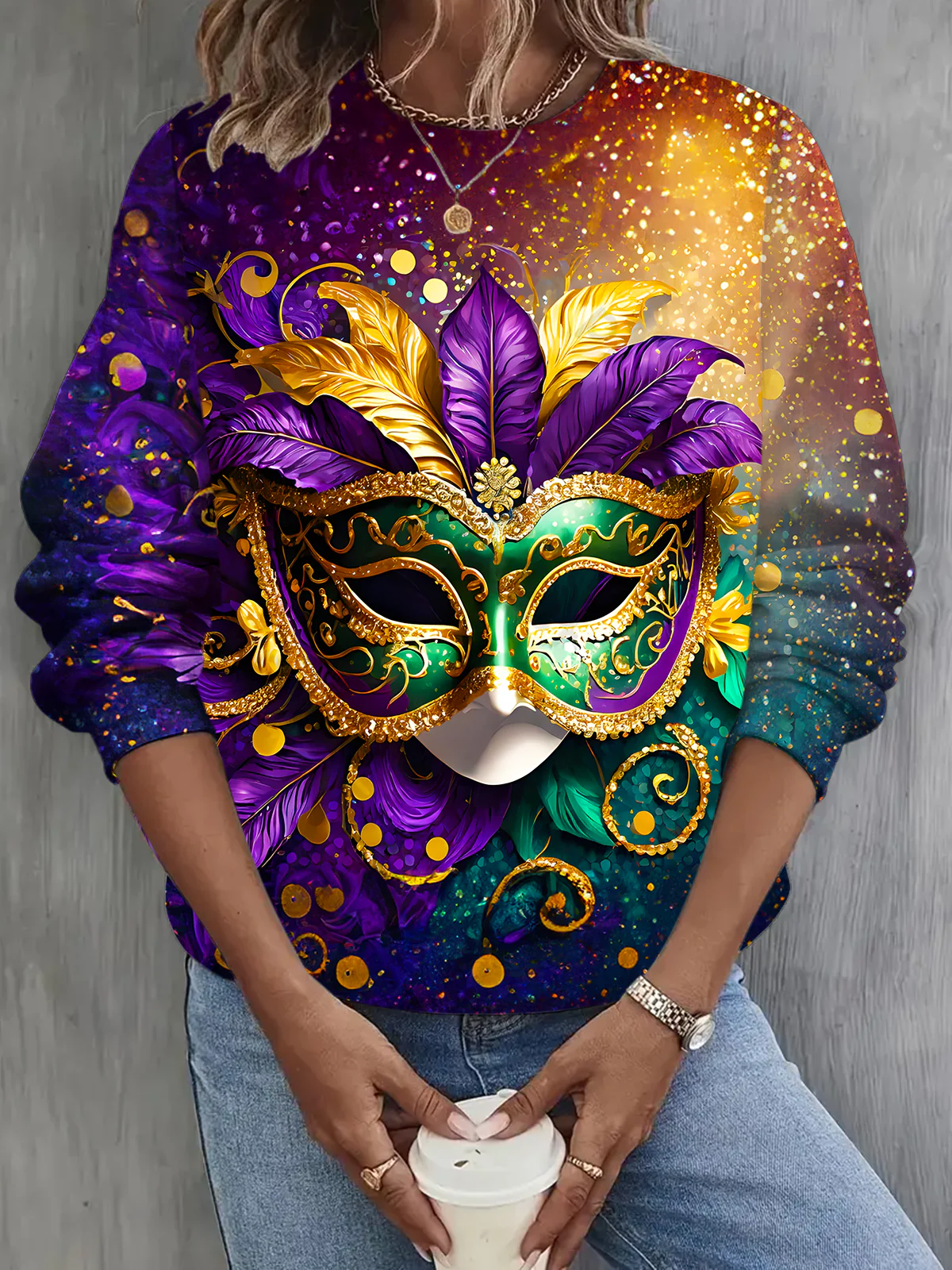 Opulent Mardi Gras Mask Long Sleeve Casual Top