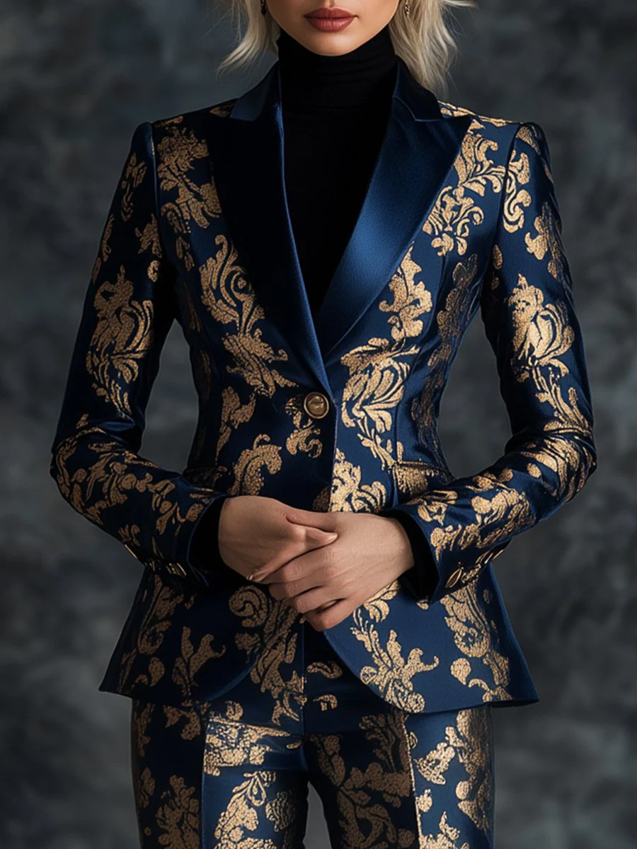 Opulent Royal Blue Satin Suit with Golden Ornate Motifs Printed - Image 2