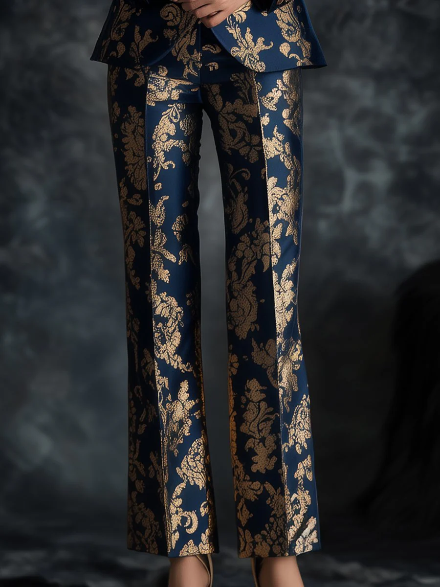 Opulent Royal Blue Satin Suit with Golden Ornate Motifs Printed - Image 3