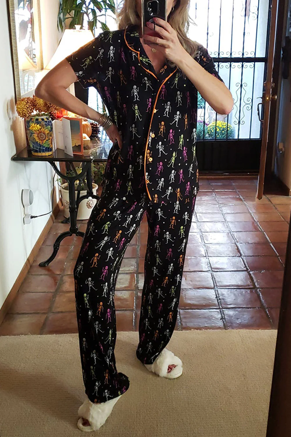 Orange Halloween Pattern Short Sleeve Shirt Pajama Set - Image 4