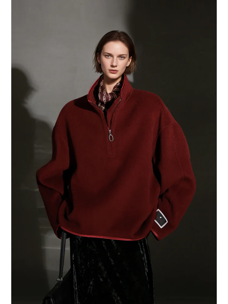 Oversized Camel Hair Sweatshirt Coat for Women – Stand Collar Double-Faced Wool Jacket with Minimalist Luxe Style - Image 2