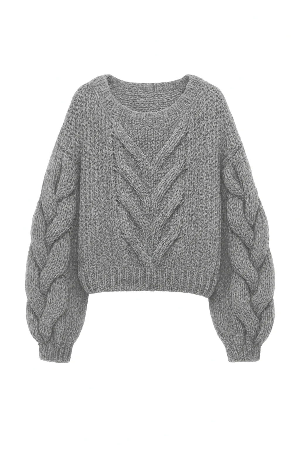 Oversized Chunky Knit Sweater - Gray Cable Knit Cropped Pullover with Statement Braided Sleeves