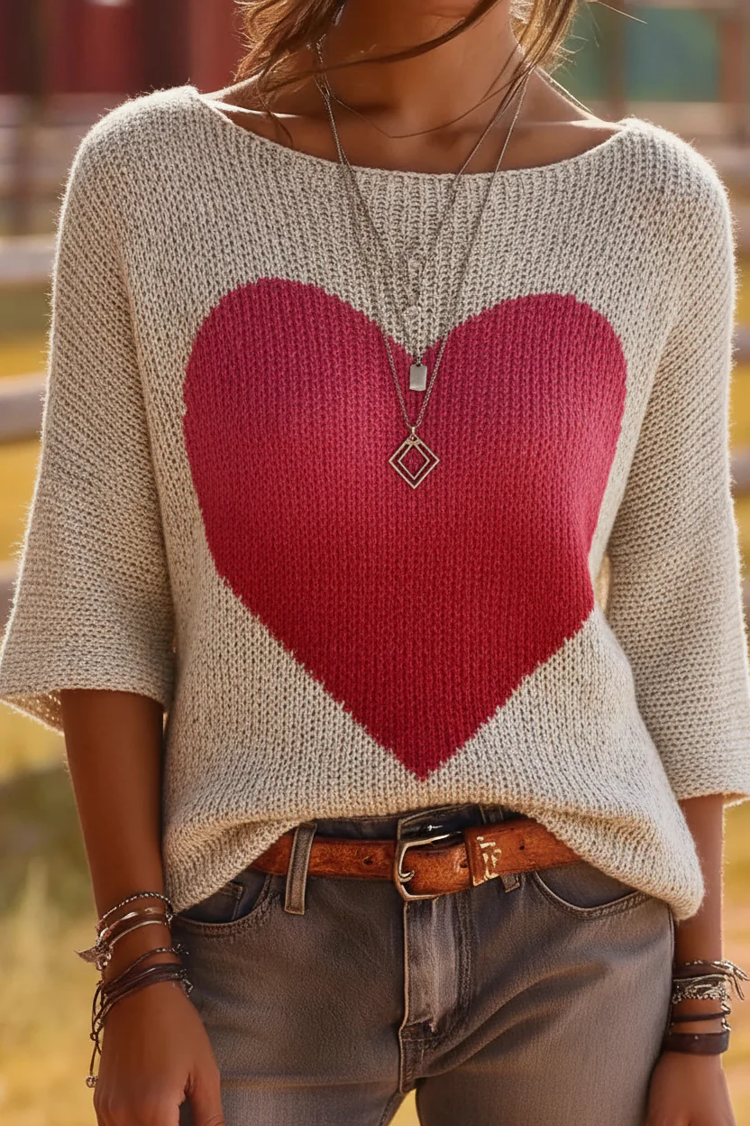 Oversized Heart Print Knit Sweater - Statement Heart Valentine's Edition