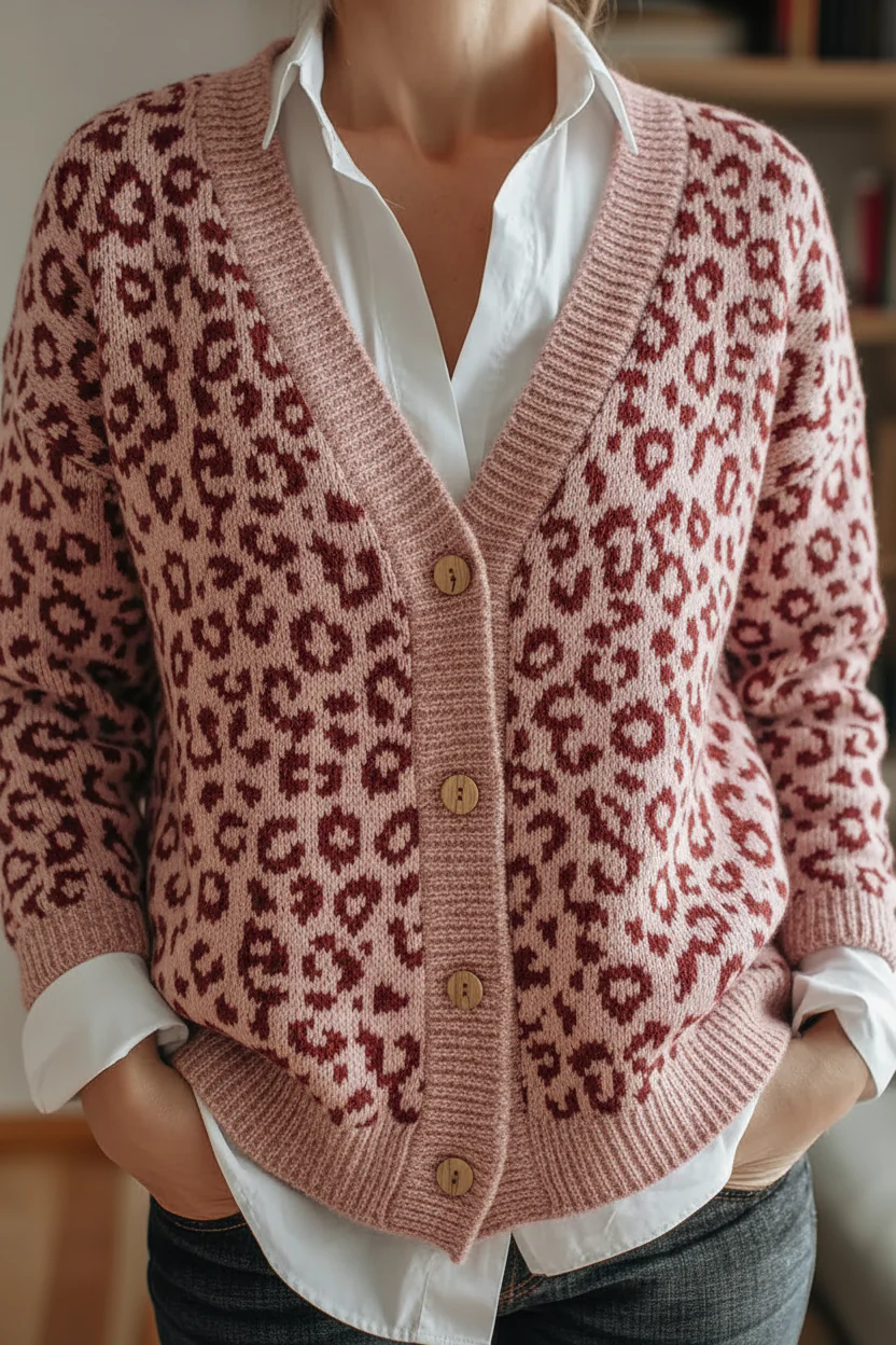 Oversized Leopard Print Knit Cardigan - Blush Pink Valentine's Edition