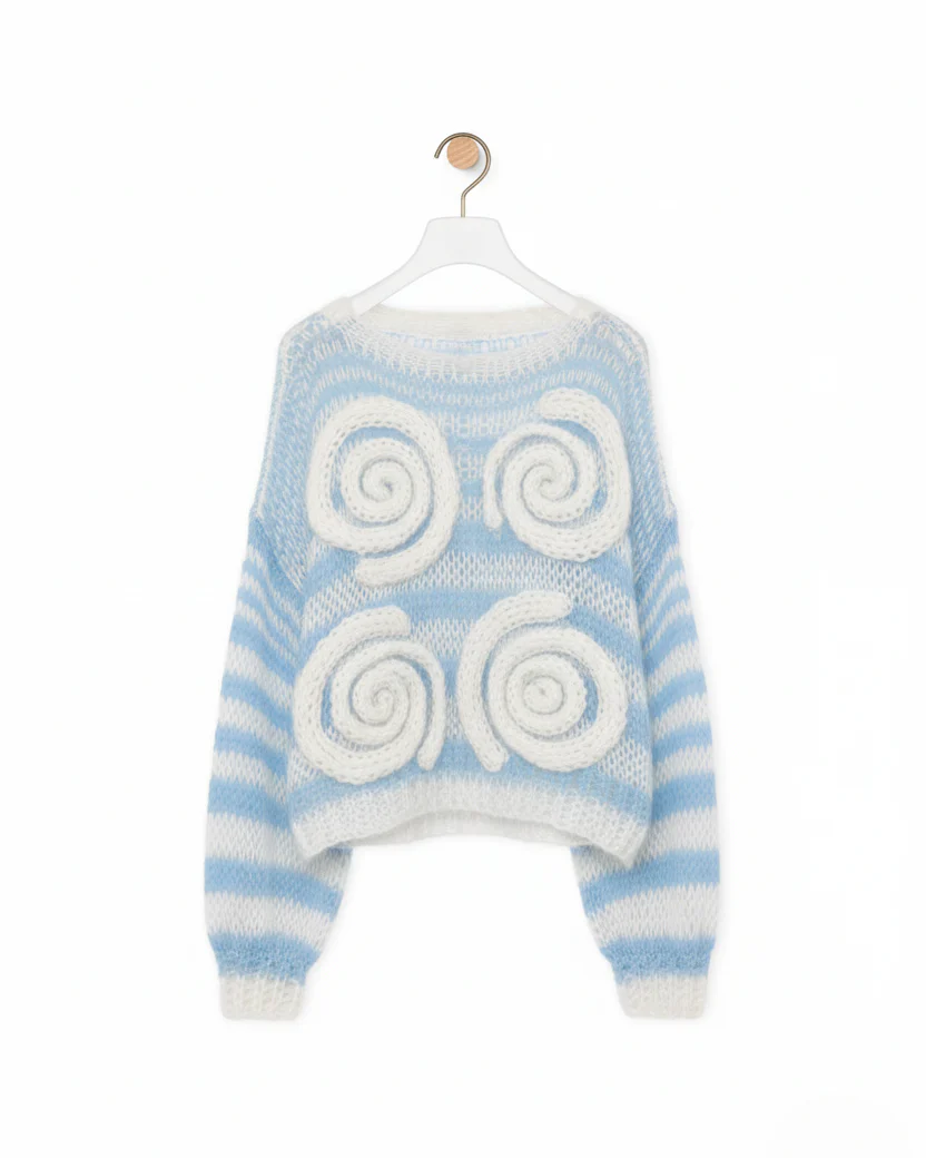 Oversized Sheer Knit Sweater - Blue & White Striped with 3D Spiral Textured Cropped Pullover