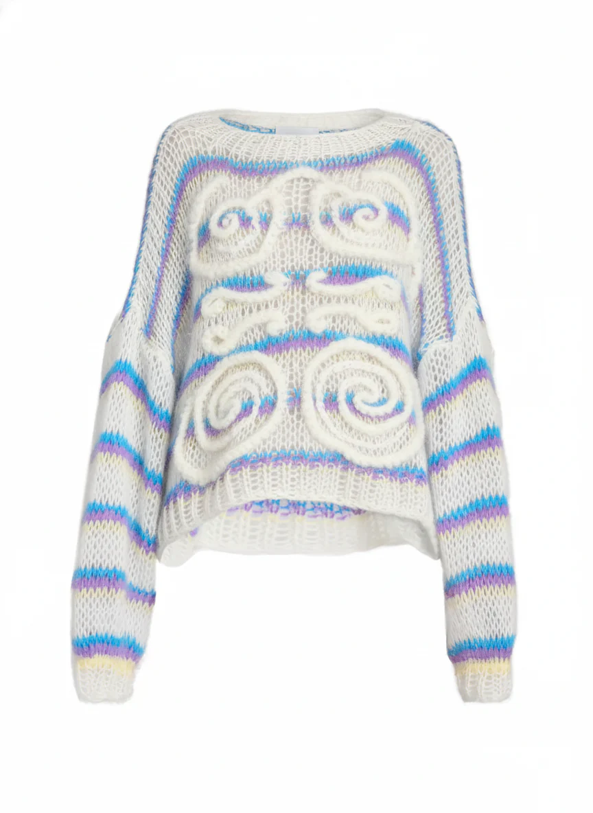 Oversized Sheer Knit Sweater - Pastel Striped & Swirl Pattern Cropped Pullover with Textured Details