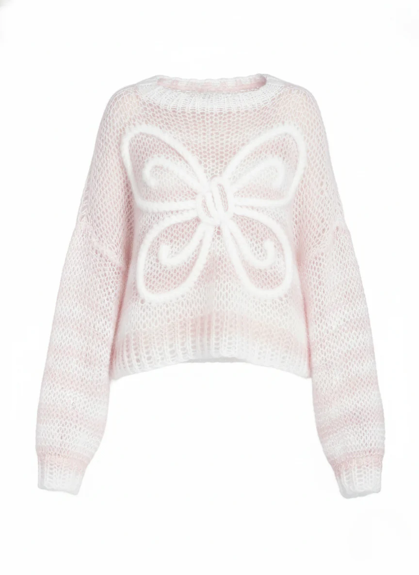 Oversized Sheer Knit Sweater - Pink & White Butterfly Textured Cropped Pullover