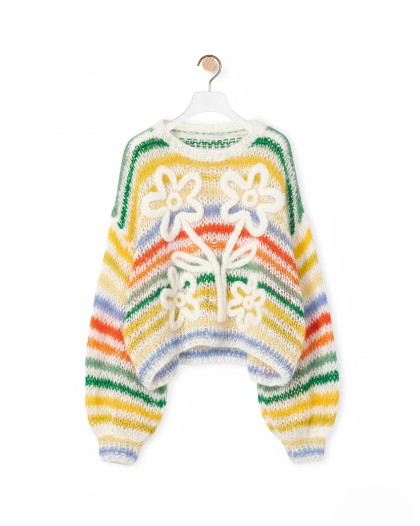 Oversized Sheer Knit Sweater - Rainbow Striped with 3D Floral Textured Cropped Pullover