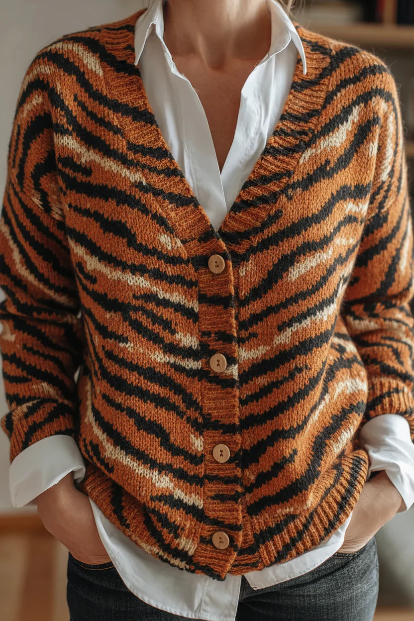 Oversized Tiger Stripe Knit Cardigan - Orange & Black Button-Down