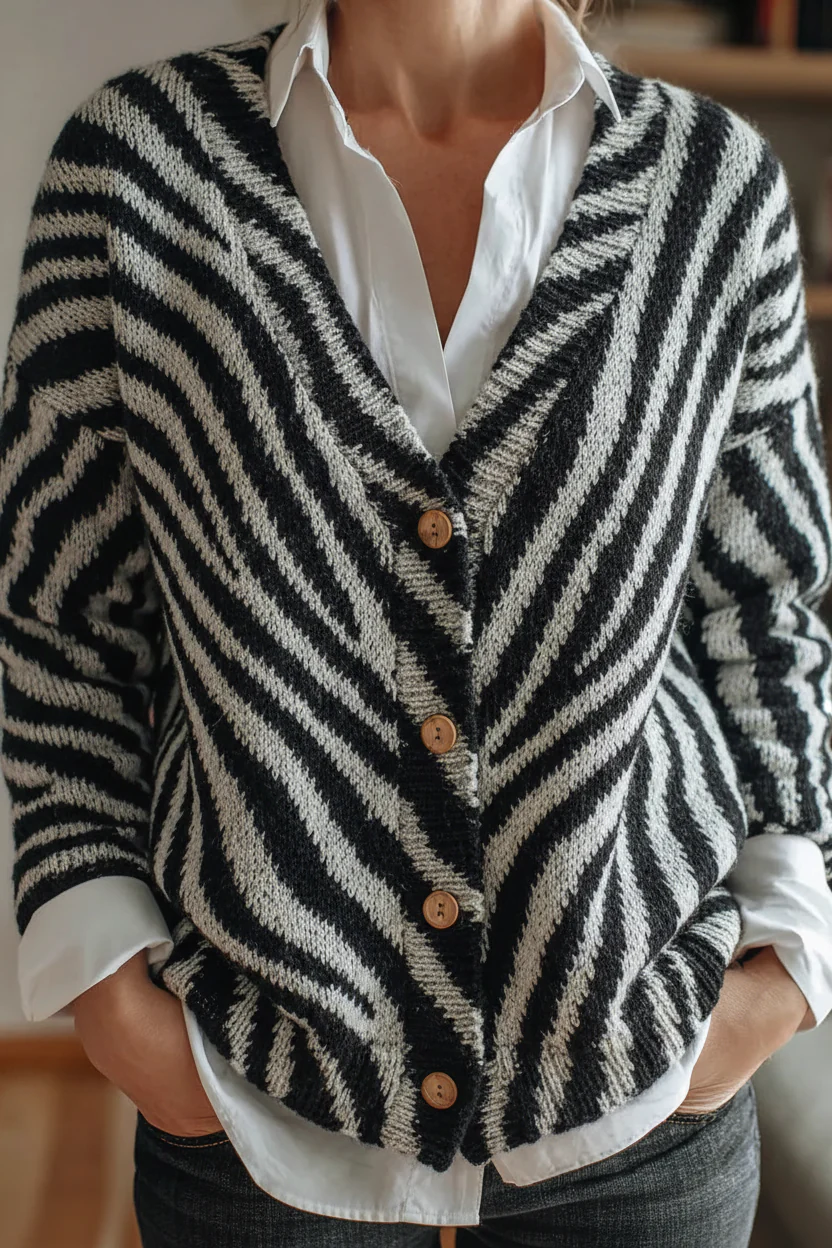Oversized Zebra Print Knit Cardigan - Classic Black & White