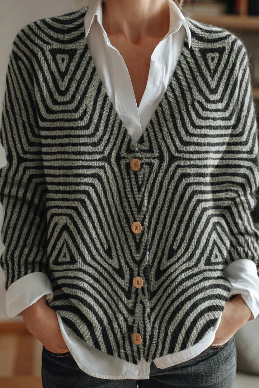 Oversized Zebra Stripe Knit Cardigan - Black & White Button-Down