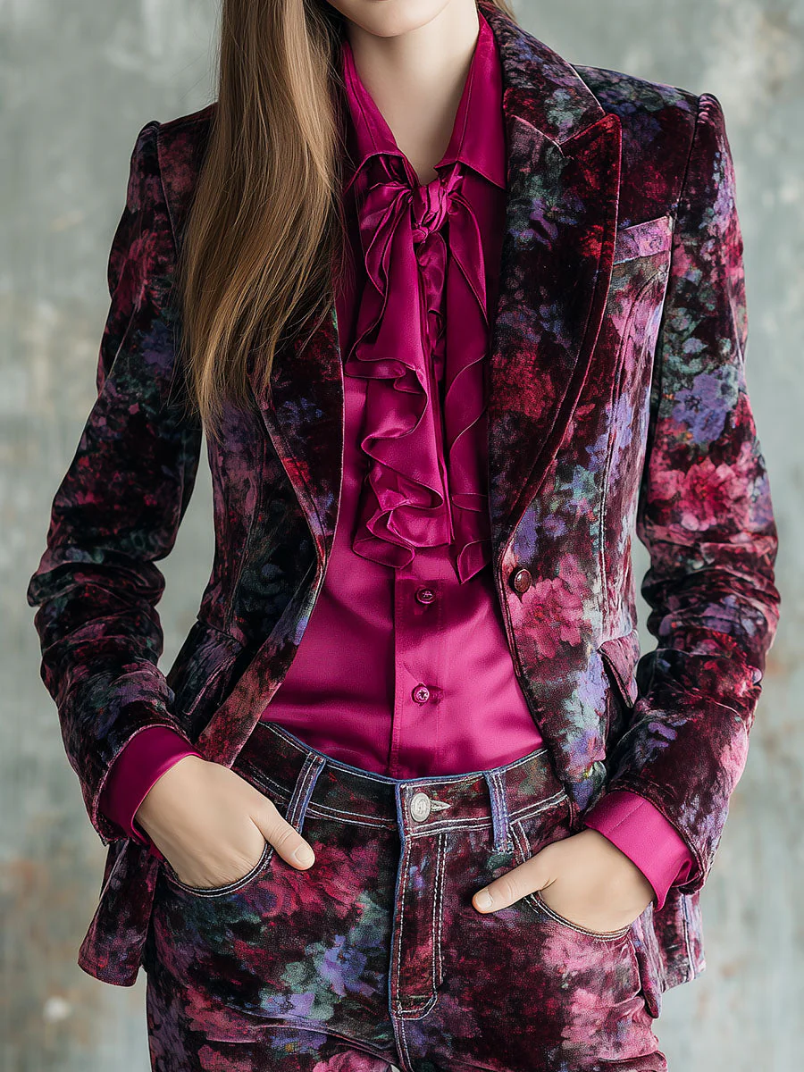 Painterly Print & Notched Lapels Purple Velvet Blazer
