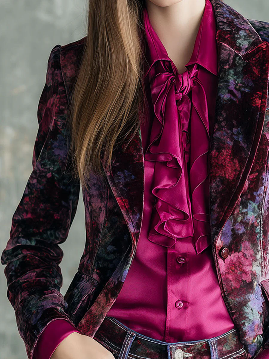 Painterly Print & Notched Lapels Purple Velvet Blazer - Image 2