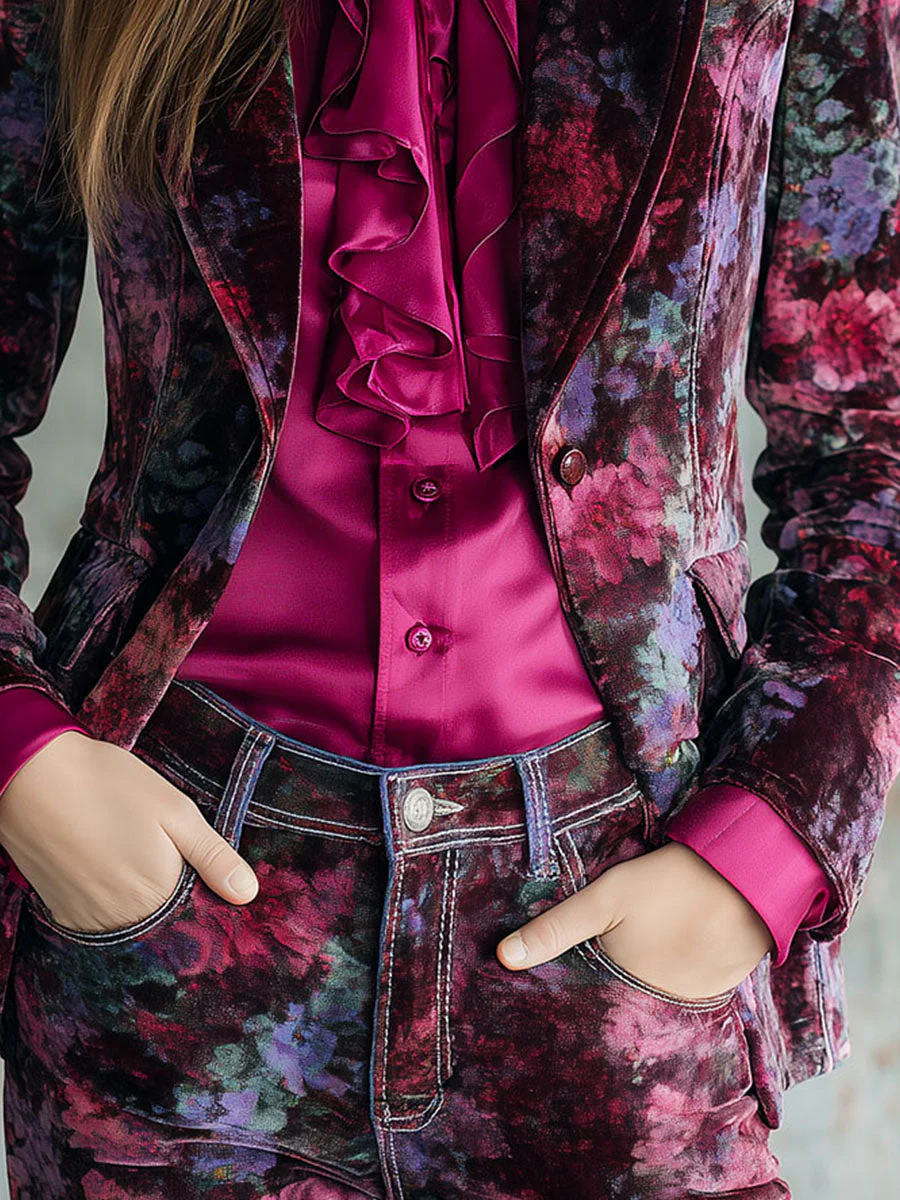 Painterly Print & Notched Lapels Purple Velvet Blazer - Image 3
