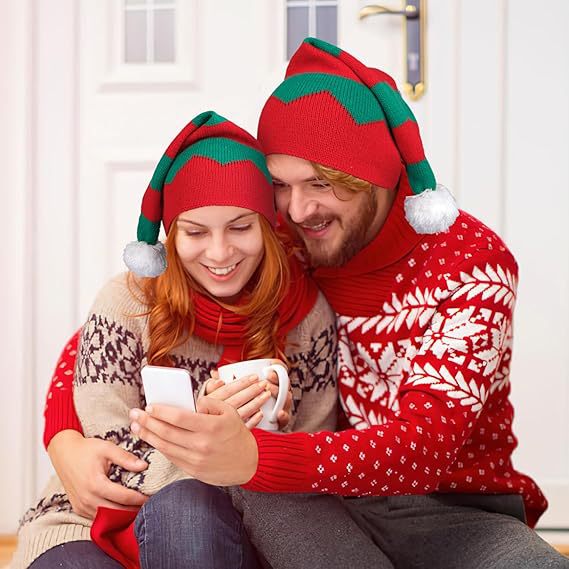 Party Hat Christmas Hat Fluffy Ball Cap Red and Green Striped Warm Hat Parent-Child Hat Santa Claus Hat - Image 2