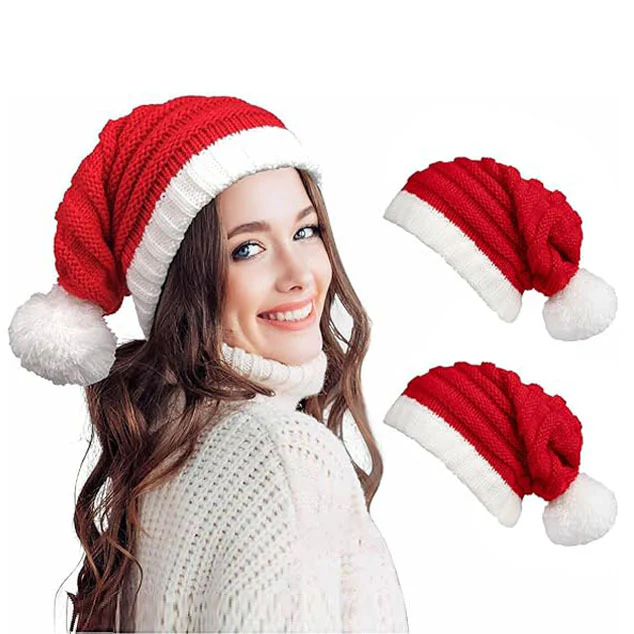 Party Hat Christmas Hat Fluffy Ball Cap Red and Green Striped Warm Hat Parent-Child Hat Santa Claus Hat - Image 3