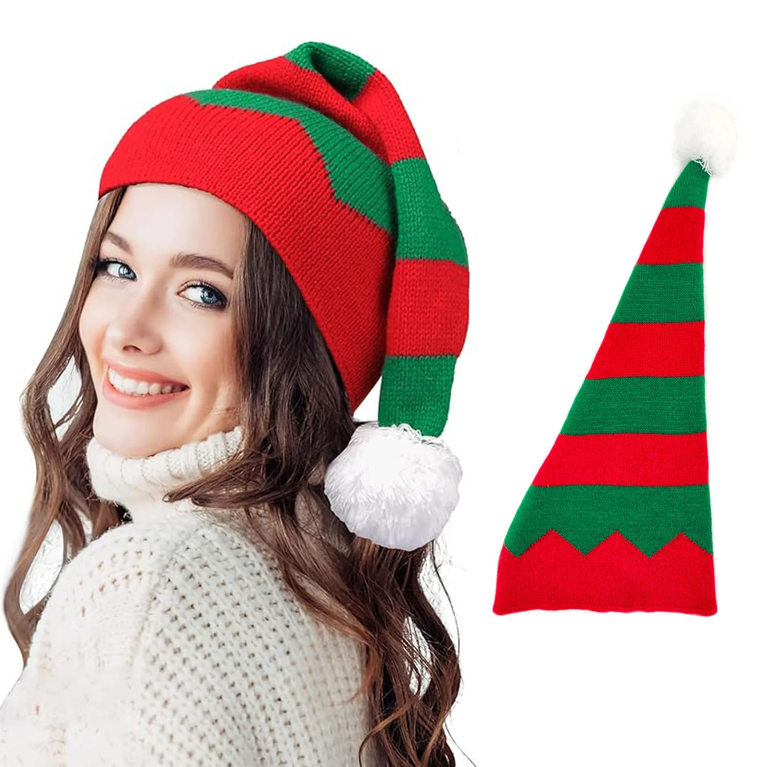 Party Hat Christmas Hat Fluffy Ball Cap Red and Green Striped Warm Hat Parent-Child Hat Santa Claus Hat - Image 4
