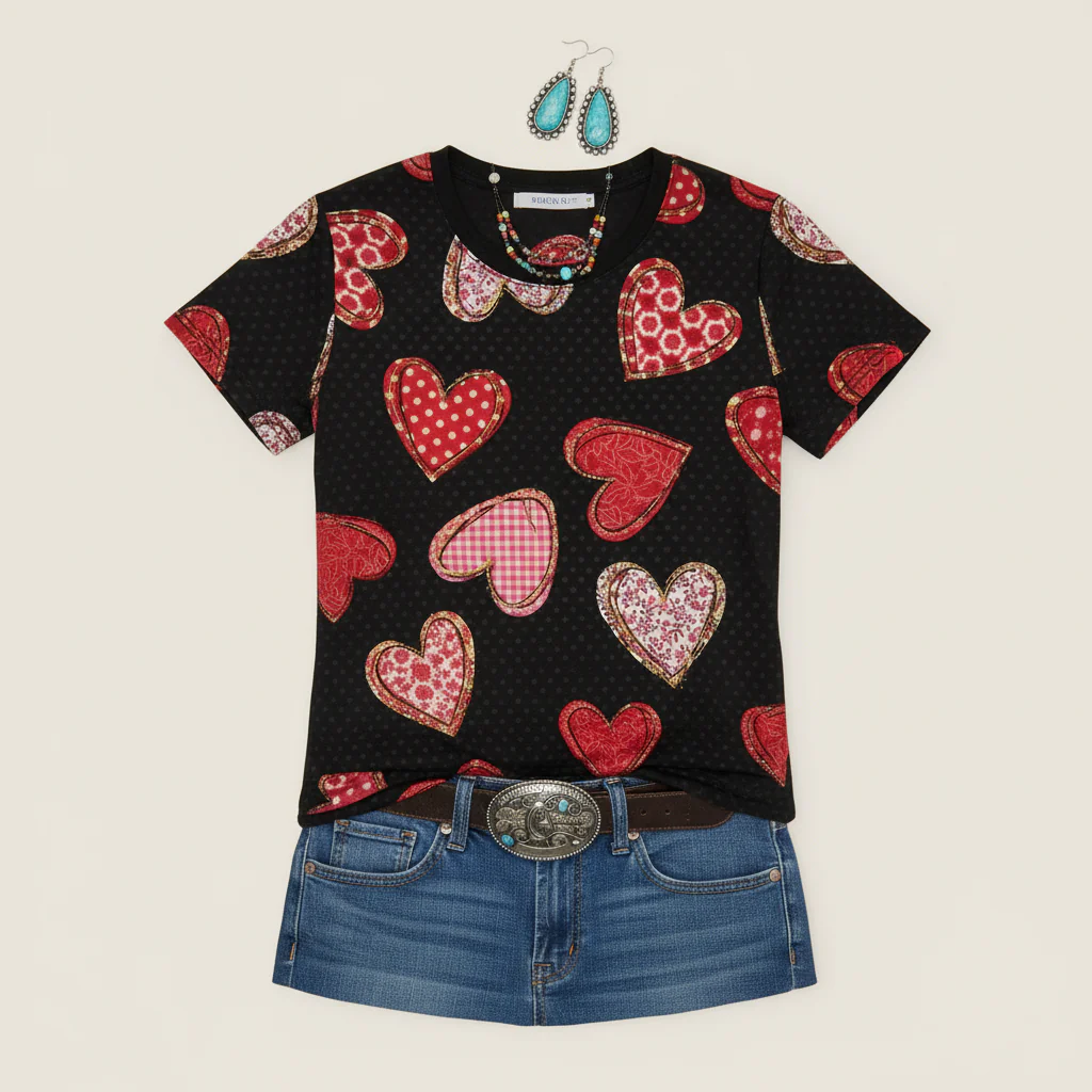 Patchwork Hearts Print Short Sleeve T-Shirt - Western Valentine's Style