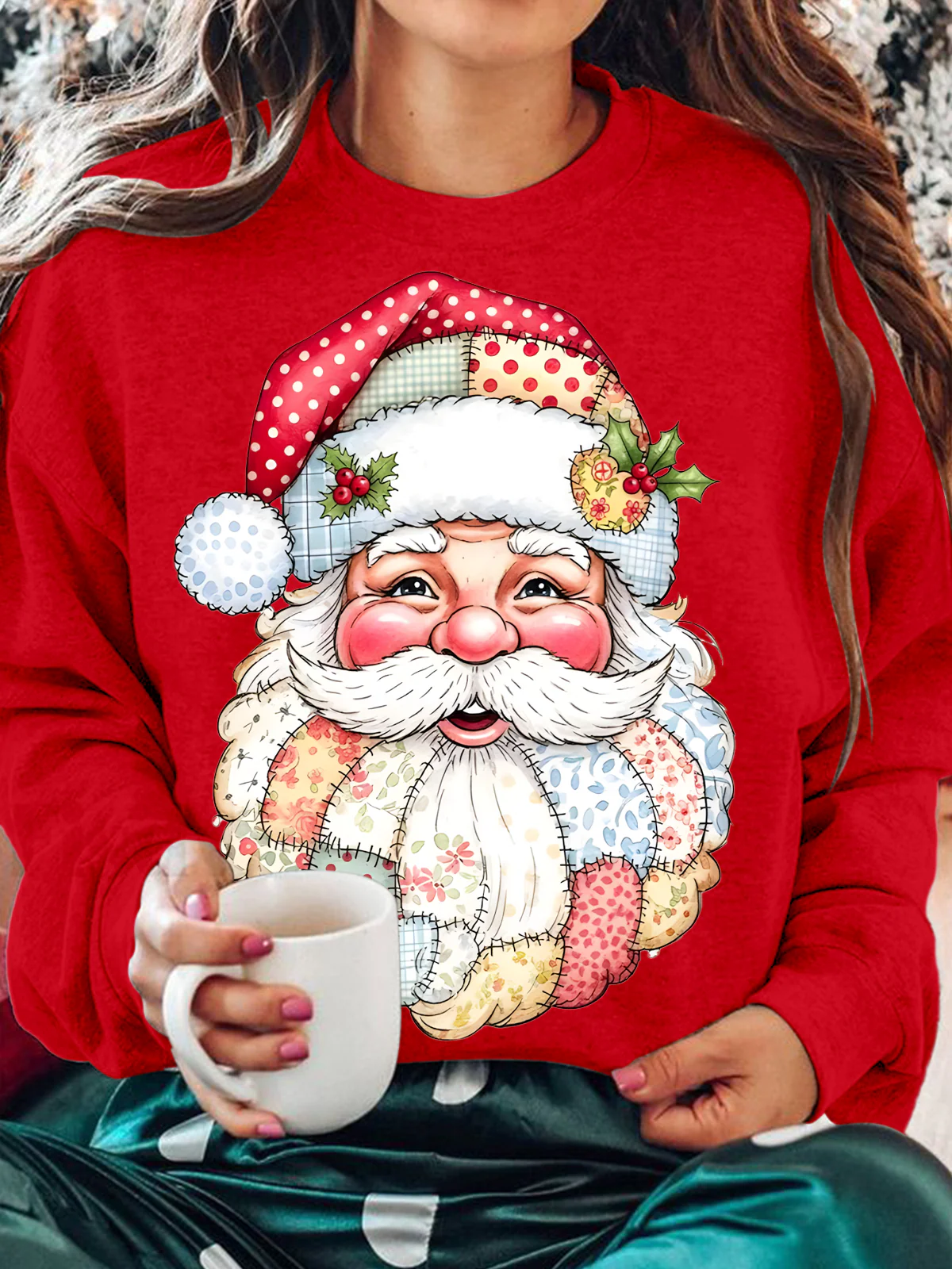 Patchwork Santa Claus Printed Long Sleeve Casual Top