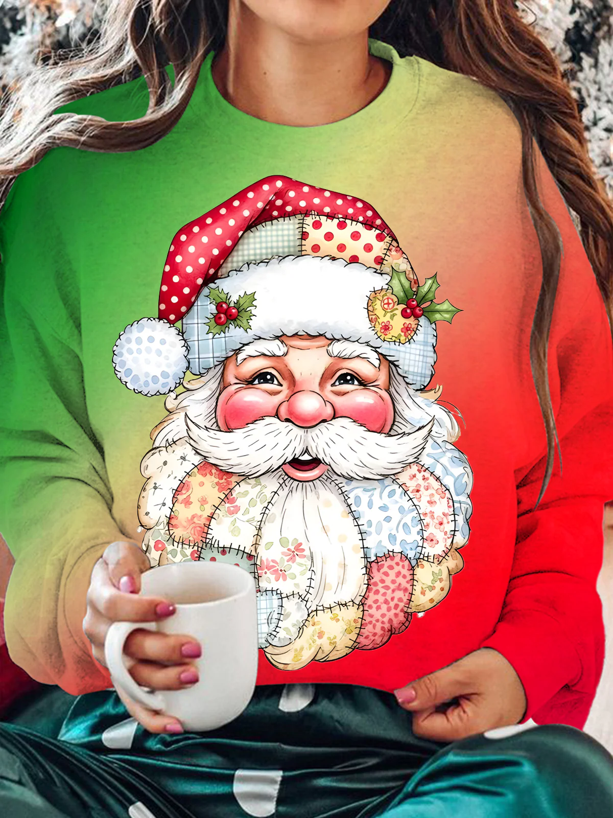Patchwork Santa Claus Printed Long Sleeve Casual Top - Image 2