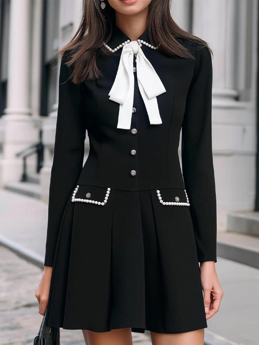 Pearl-Trim Bow Detail A-Line Dress