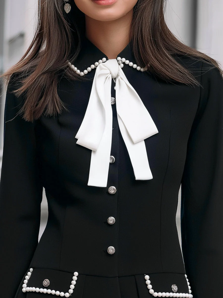 Pearl-Trim Bow Detail A-Line Dress - Image 2
