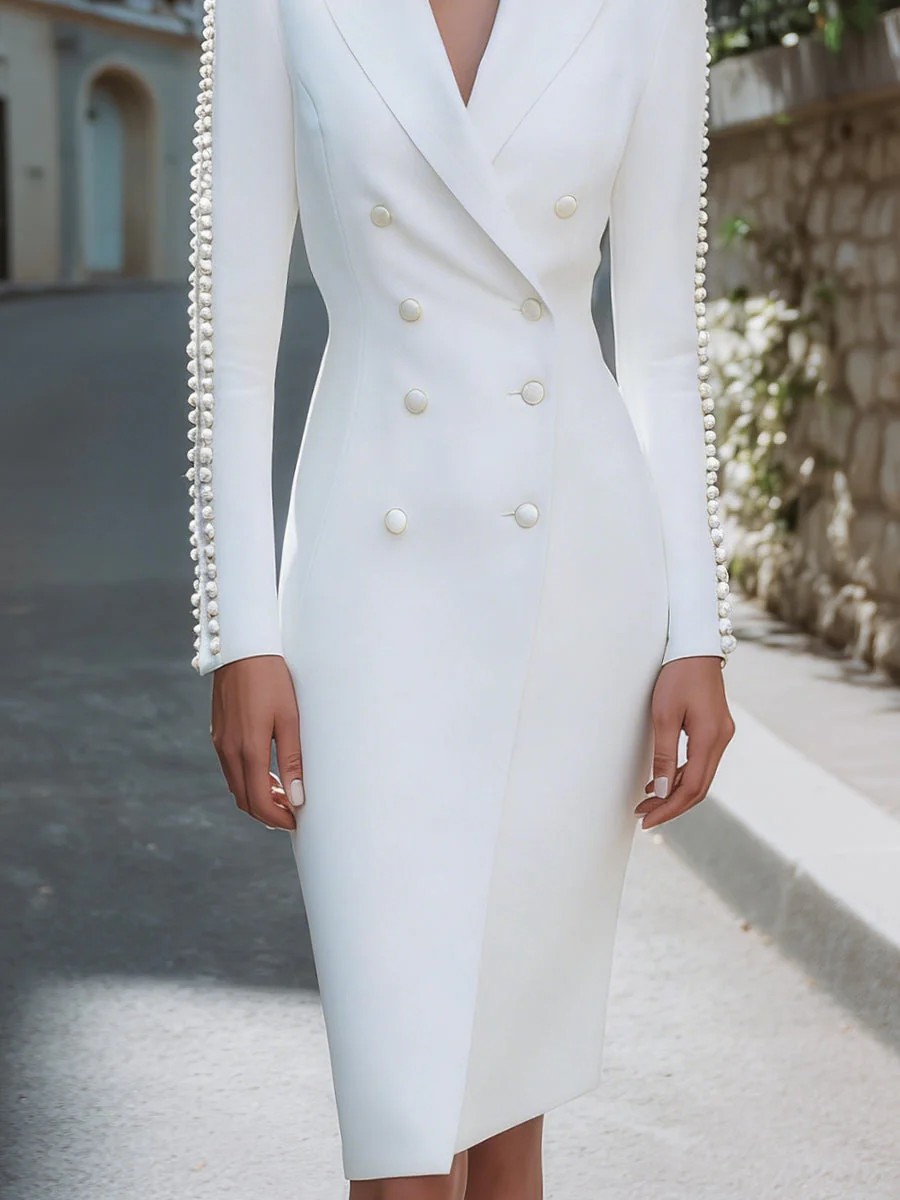 Pearl-Trim Double-Breasted Tailored Blazer Dress - Image 4