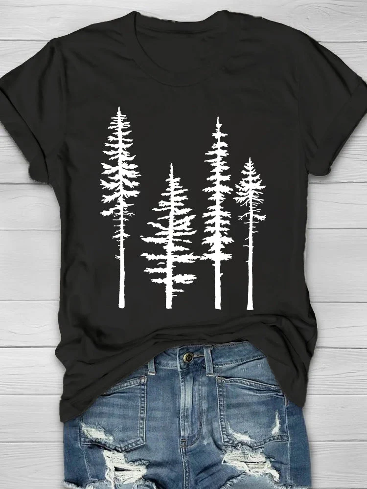 Pine Tree Printed Casual T-Shirts - Image 2
