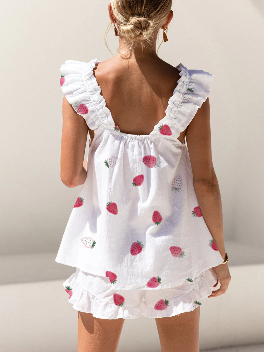 Pink And White Strawberry Print Ruffled Trim Short Tank Top Shorts Pajama Set - Image 2