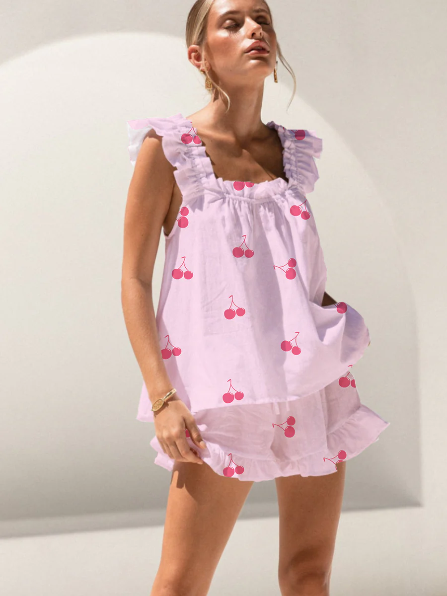 Pink Cherry Print Ruffled Trim Short Tank Top Shorts Pajama Set - Image 2