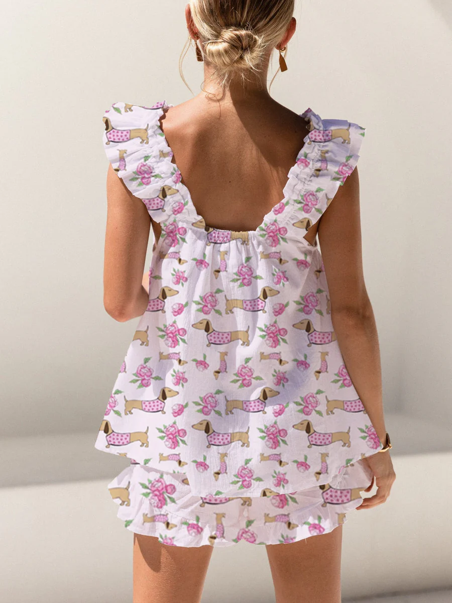 Pink Dachshund Print Ruffled Trim Short Tank Top Shorts Pajama Set - Image 2